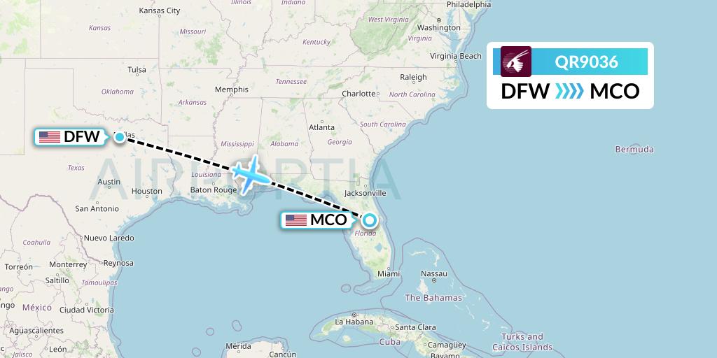 QR9036 Qatar Airways Flight Map: Dallas to Orlando