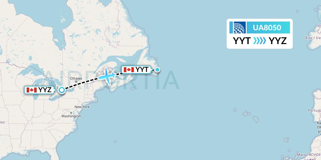 UA8050 United Airlines Flight Map: St. John's to Toronto