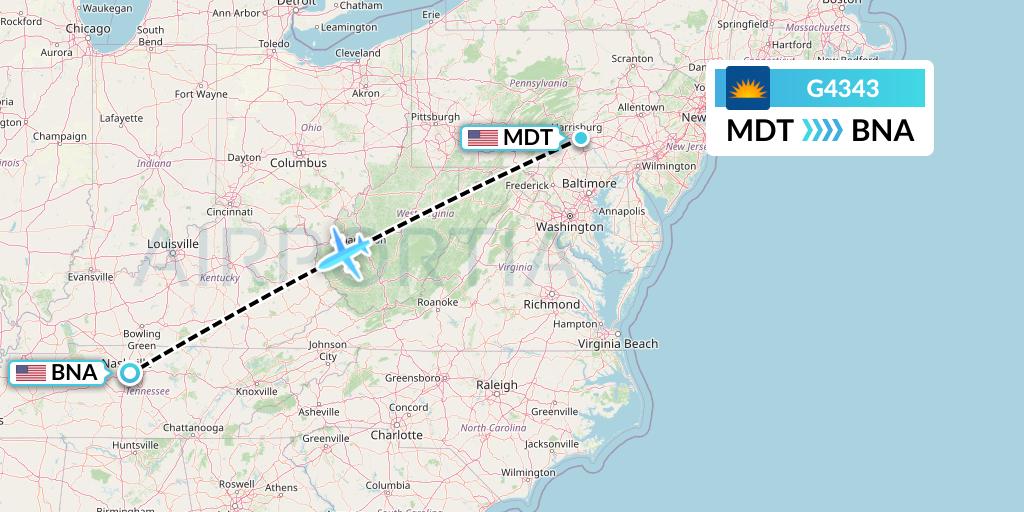 G4343 Allegiant Air Flight Map: Harrisburg to Nashville