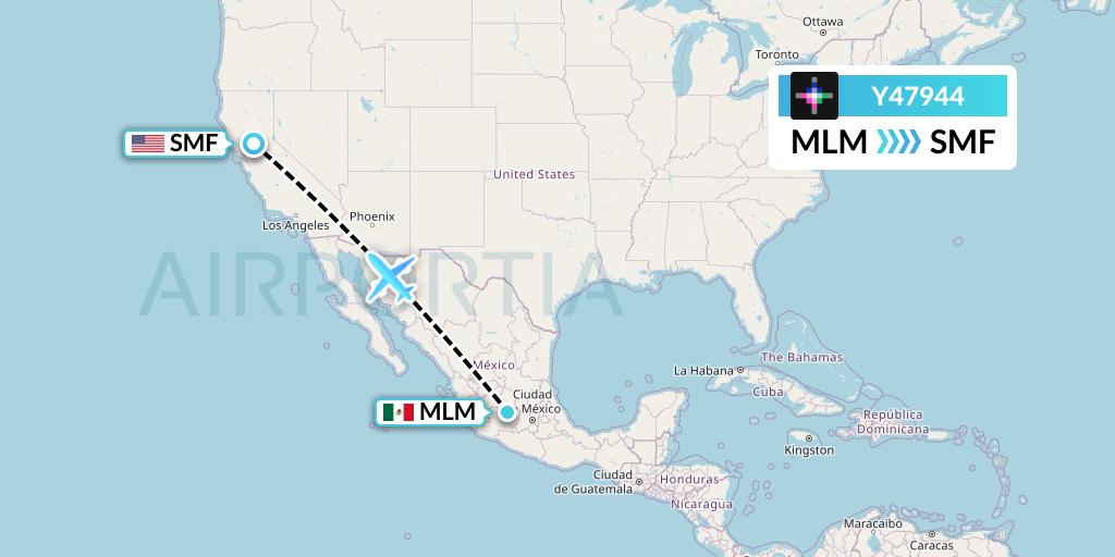 Y47944 Volaris Flight Map: Morelia to Sacramento