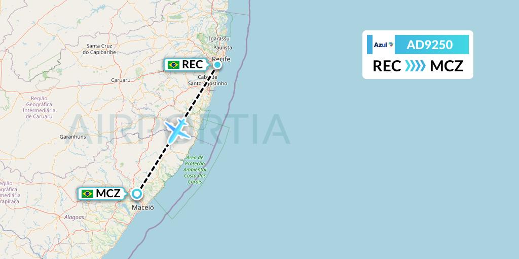 AD9250 Azul Brazilian Airlines Flight Map: Recife to Maceio