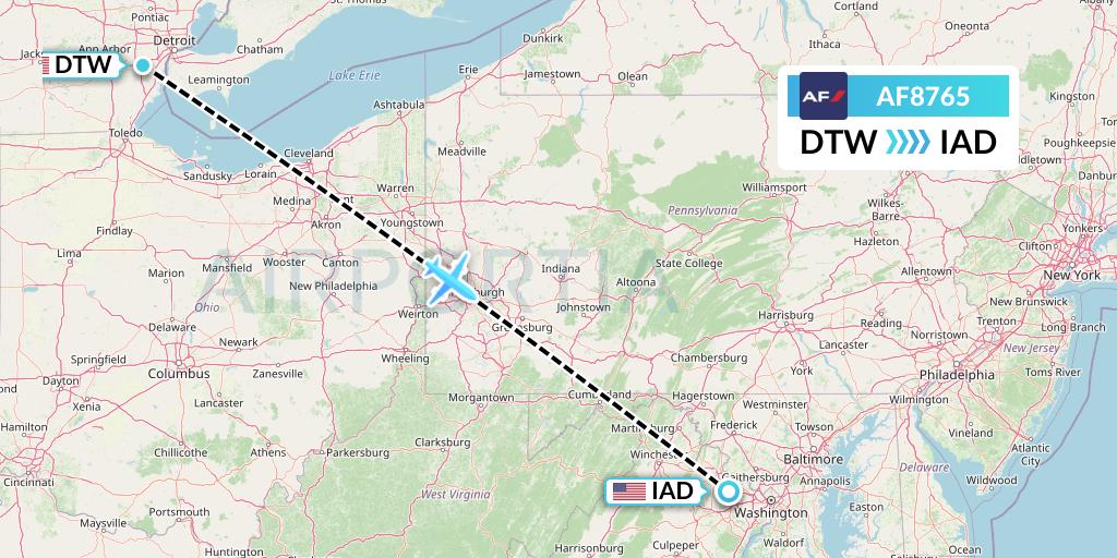 AF8765 Air France Flight Map: Detroit to Washington
