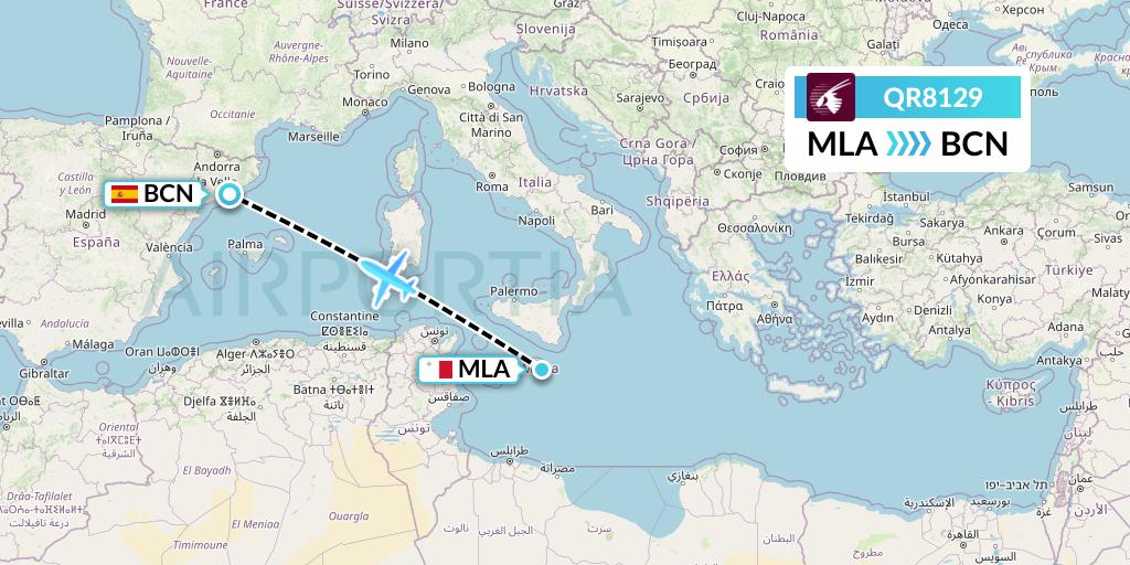 QR8129 Qatar Airways Flight Map: Malta to Barcelona
