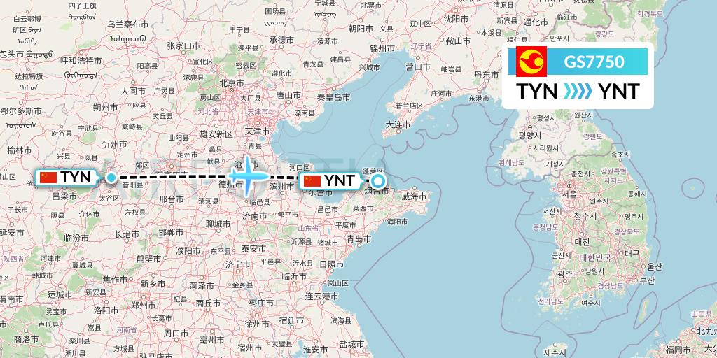 GS7750 Tianjin Airlines Flight Map: Taiyuan to Yantai