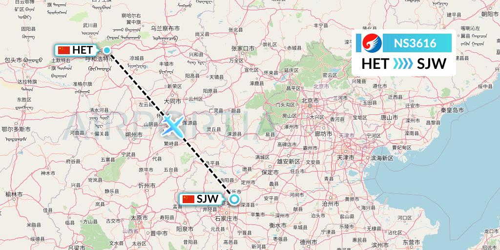 NS3616 Hebei Airlines Flight Map: Hohhot to Shijiazhuang