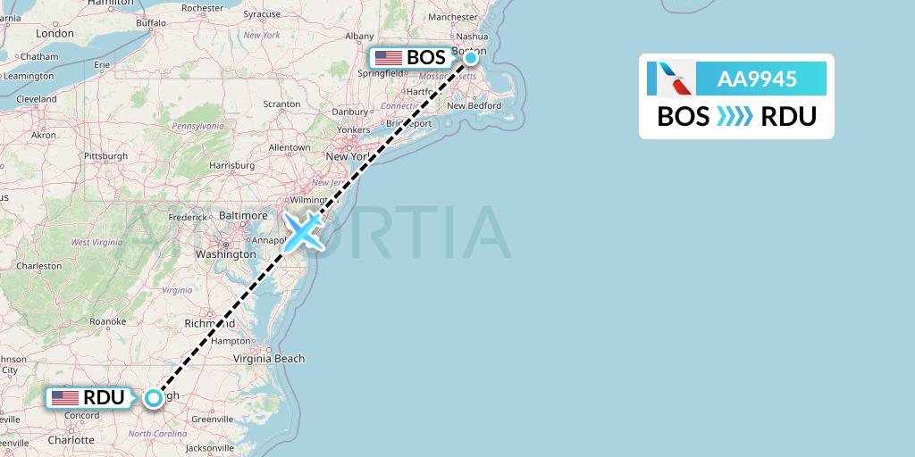 AA9945 American Airlines Flight Map: Boston to Raleigh-Durham