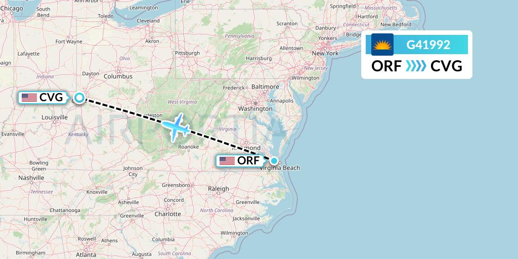 G41992 Allegiant Air Flight Map: Norfolk to Cincinnati