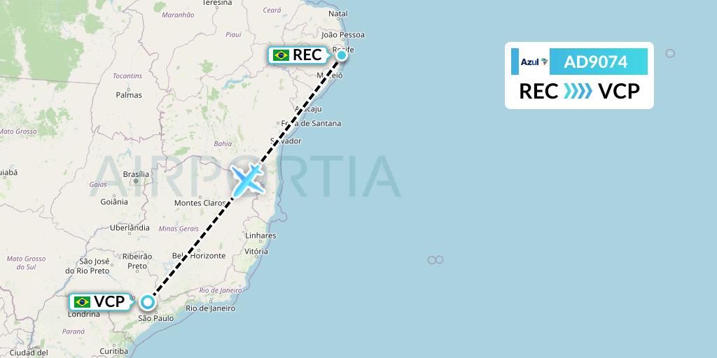 AD9074 Azul Brazilian Airlines Flight Map: Recife to Campinas