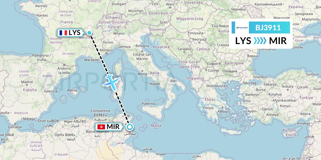 BJ3911 Nouvelair Tunisie Flight Map: Lyon to Monastir