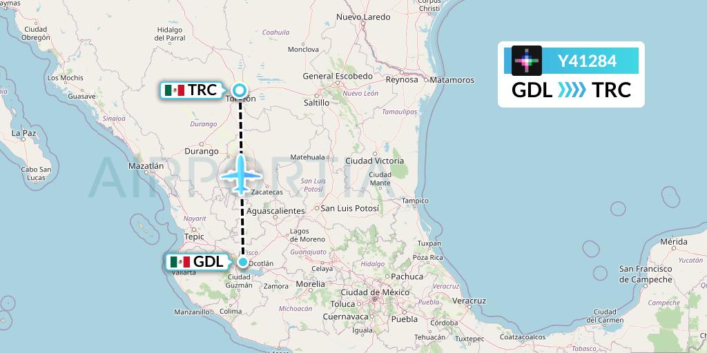 Y41284 Volaris Flight Map: Guadalajara to Torreon