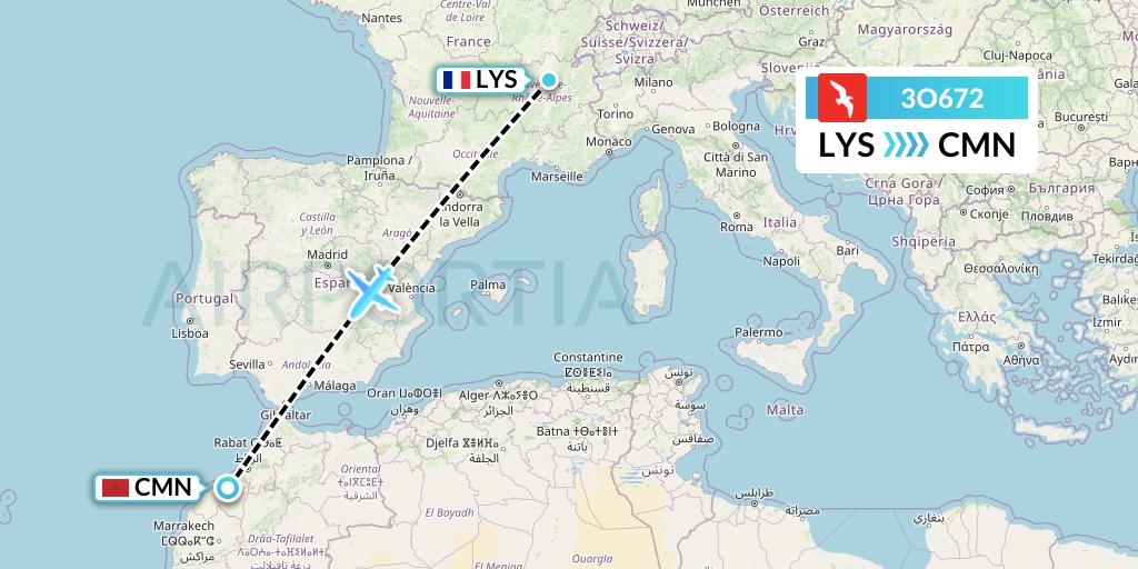 3O672 Air Arabia Maroc Flight Map: Lyon to Casablanca