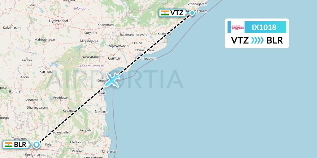 IX1018 Air India Express Flight Map: Visakhapatnam to Bangalore
