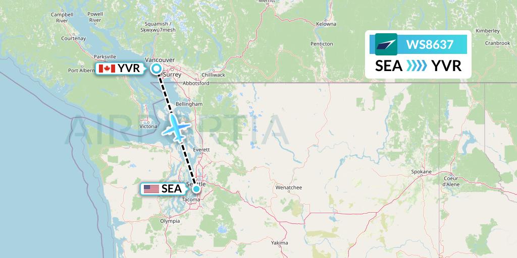 WS8637 WestJet Flight Map: Seattle to Vancouver