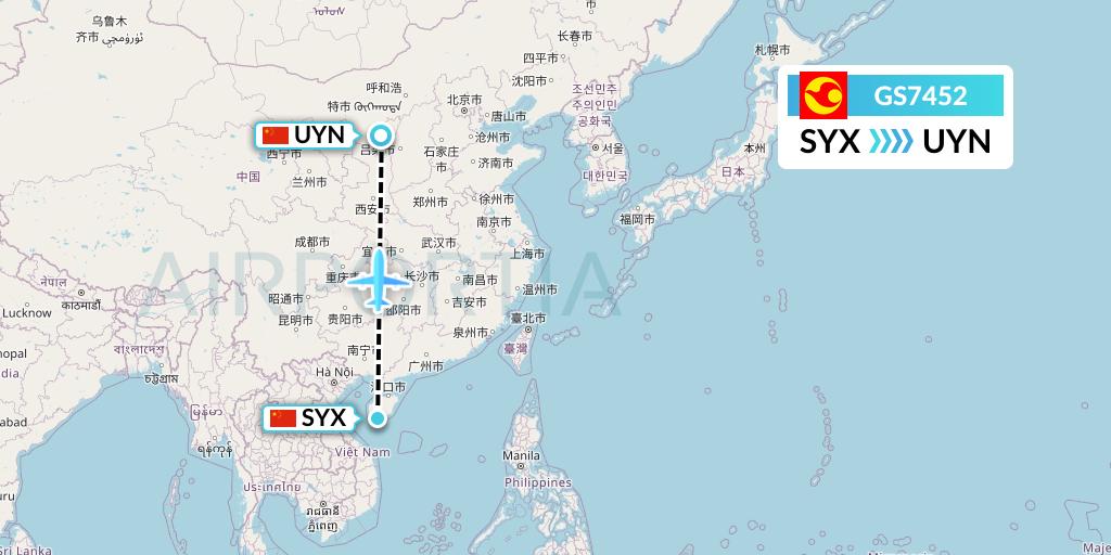 GS7452 Tianjin Airlines Flight Map: Sanya to Yulin