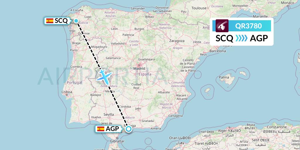 QR3780 Qatar Airways Flight Map: Santiago to Malaga