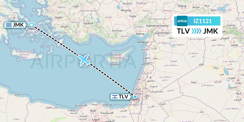 IZ1121 Arkia Israeli Airlines Flight Map: Tel Aviv to Mykonos