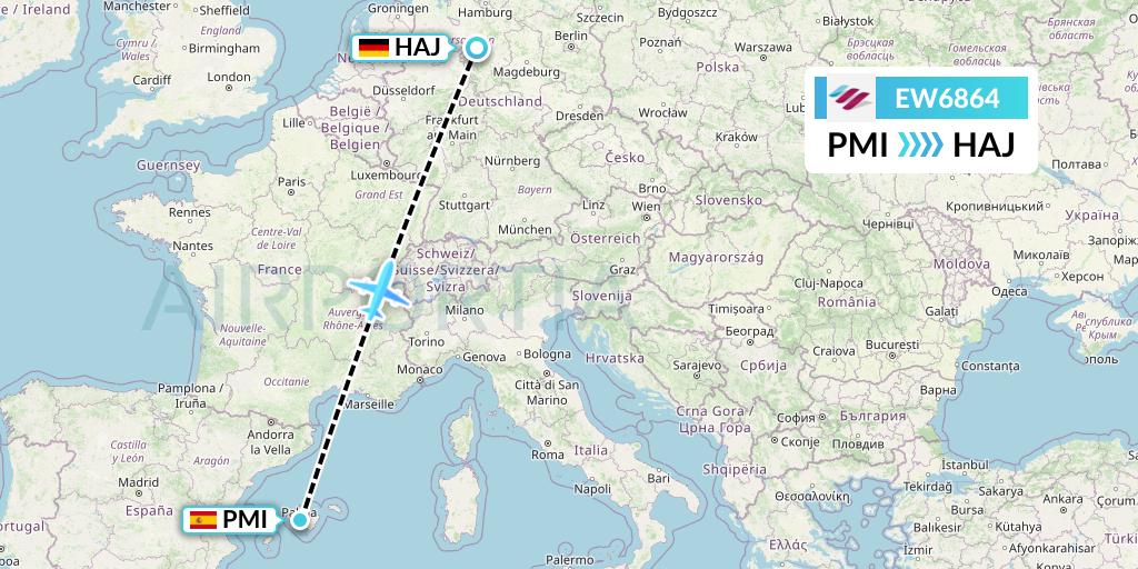 EW6864 Eurowings Flight Map: Palma de Mallorca to Hannover