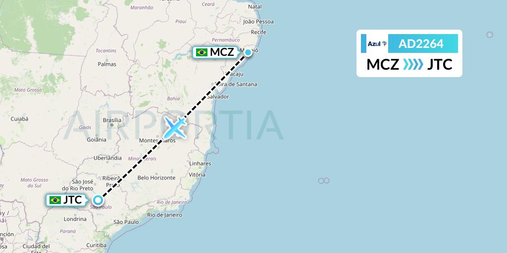 AD2264 Azul Brazilian Airlines Flight Map: Maceio to Bauru
