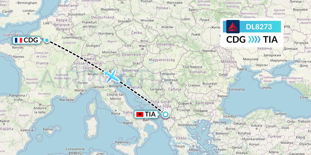 DL8273 Delta Air Lines Flight Map: Paris to Tirana