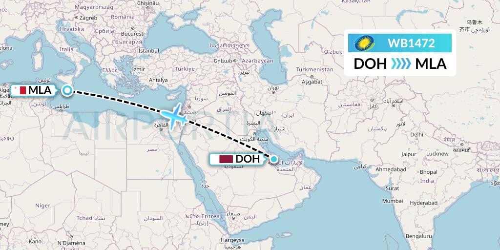 WB1472 RwandAir Flight Map: Doha to Malta