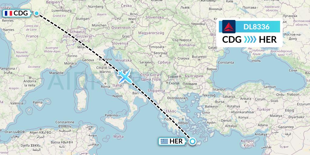 DL8336 Delta Air Lines Flight Map: Paris to Heraklion