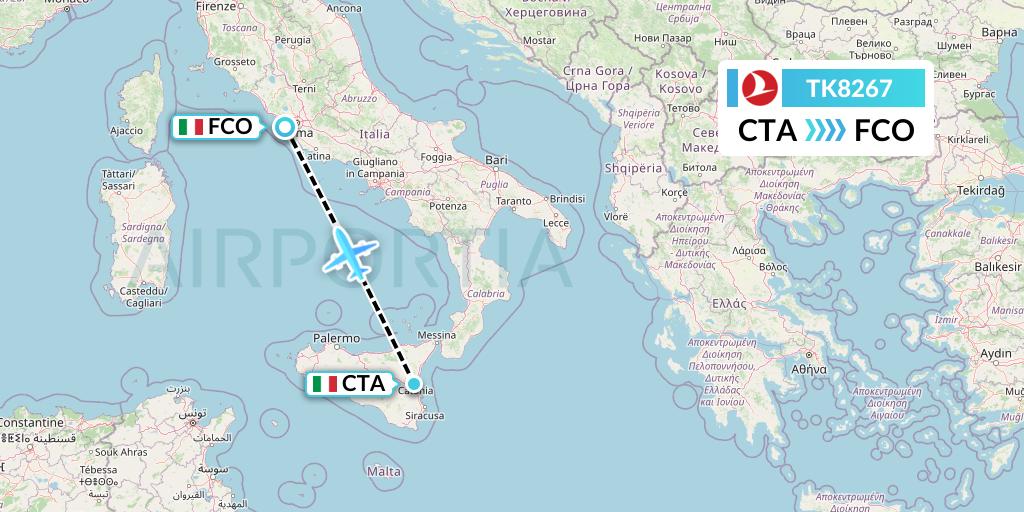 TK8267 Turkish Airlines Flight Map: Catania to Rome