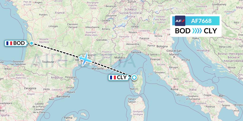 AF7668 Air France Flight Map: Bordeaux to Calvi