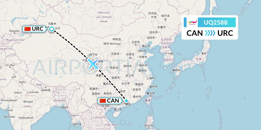UQ2588 Urumqi Airlines Flight Map: Guangzhou to Urumqi