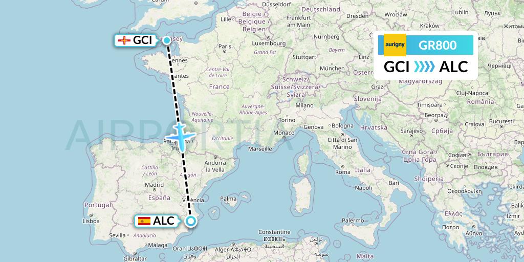 GR800 Aurigny Air Services Flight Map: Guernsey to Alicante