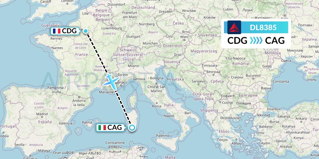 DL8385 Delta Air Lines Flight Map: Paris to Cagliari