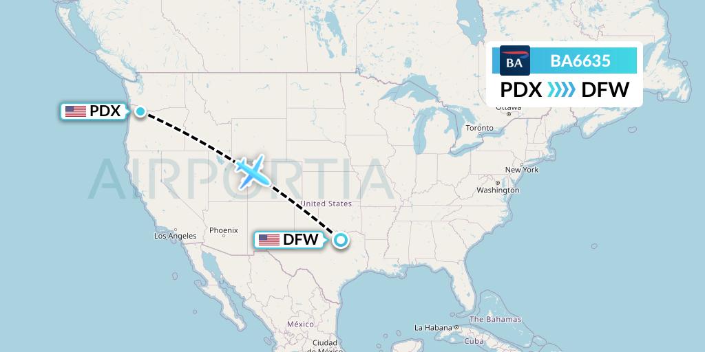 BA6635 British Airways Flight Map: Portland to Dallas