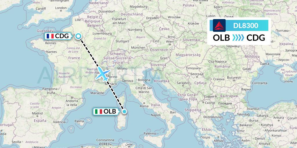 DL8300 Delta Air Lines Flight Map: Olbia to Paris