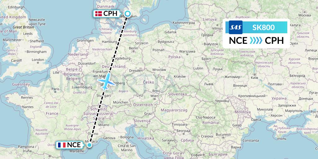 SK800 SAS Flight Map: Nice to Copenhagen