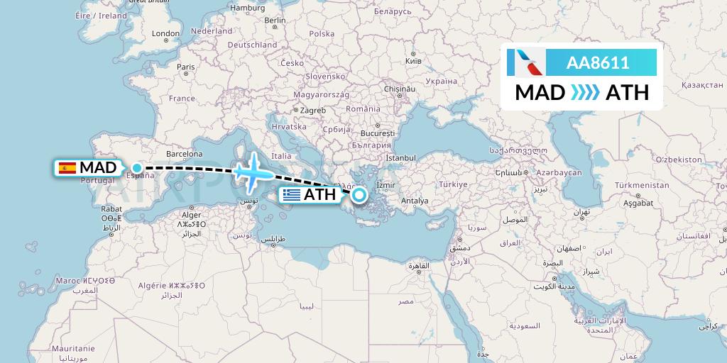 AA8611 American Airlines Flight Map: Madrid to Athens