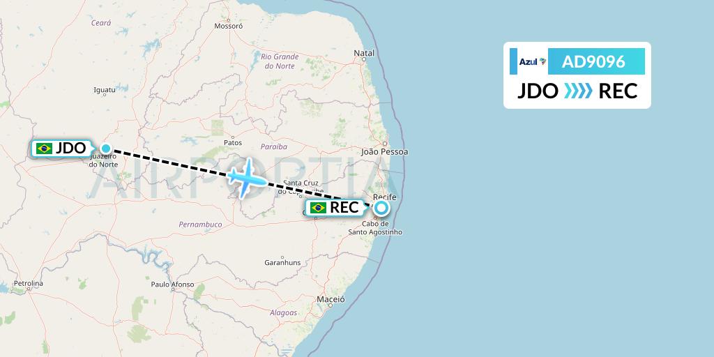 AD9096 Azul Brazilian Airlines Flight Map: Juazeiro Do Norte to Recife