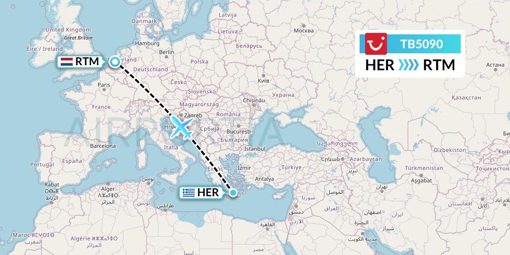 TB5090 TUI fly Belgium Flight Map: Heraklion to Rotterdam