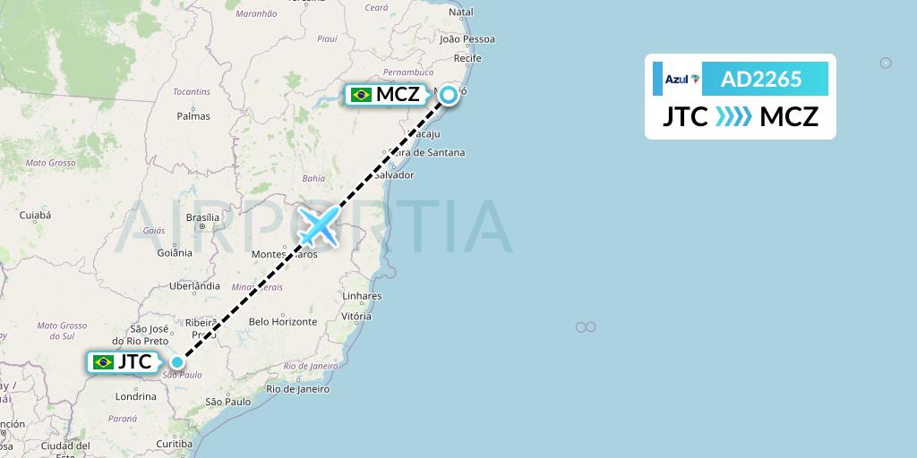 AD2265 Azul Brazilian Airlines Flight Map: Bauru to Maceio