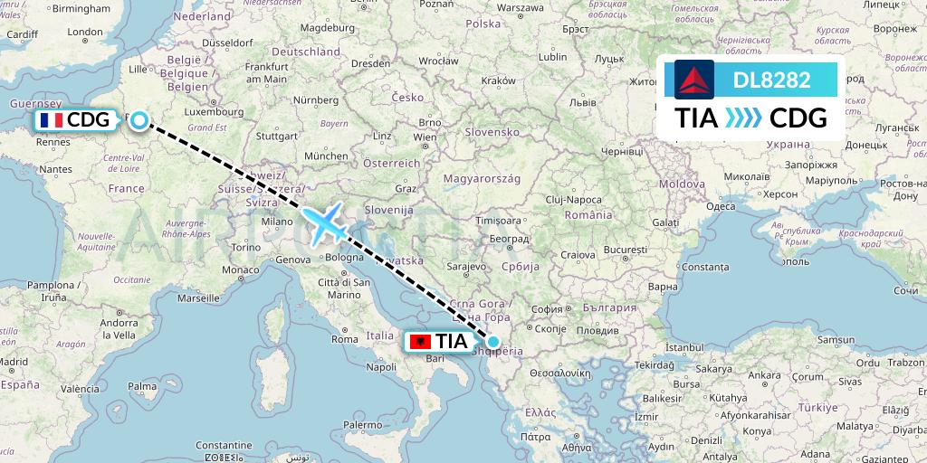 DL8282 Delta Air Lines Flight Map: Tirana to Paris