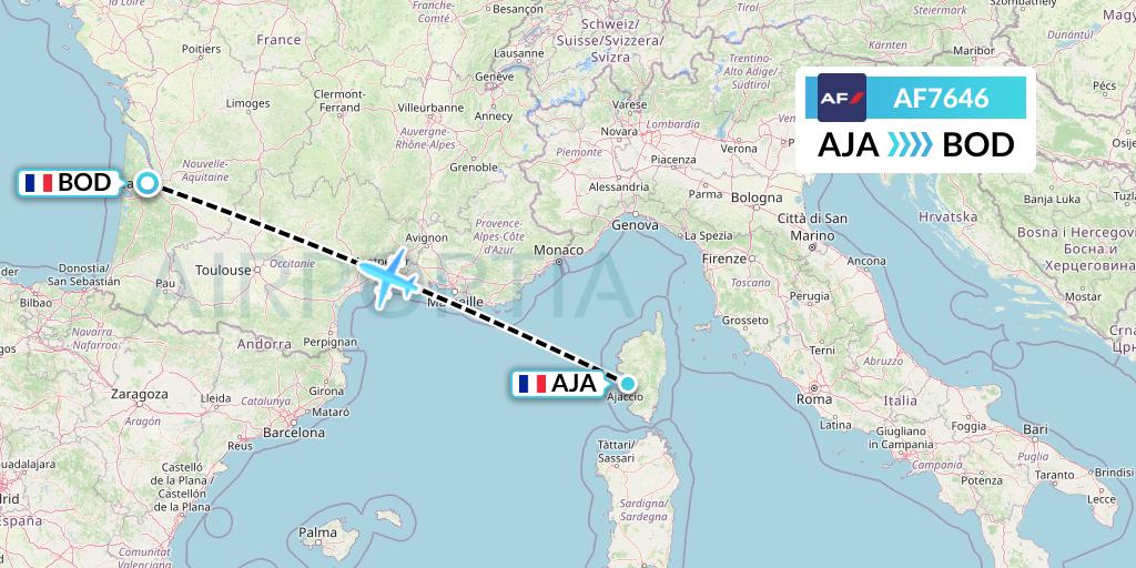 AF7646 Air France Flight Map: Ajaccio to Bordeaux
