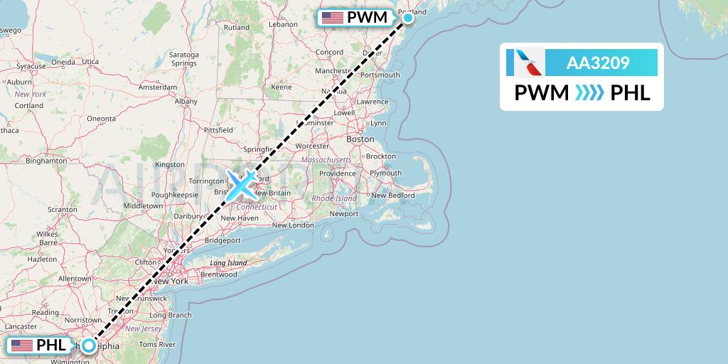 AA3209 American Airlines Flight Map: Portland to Philadelphia