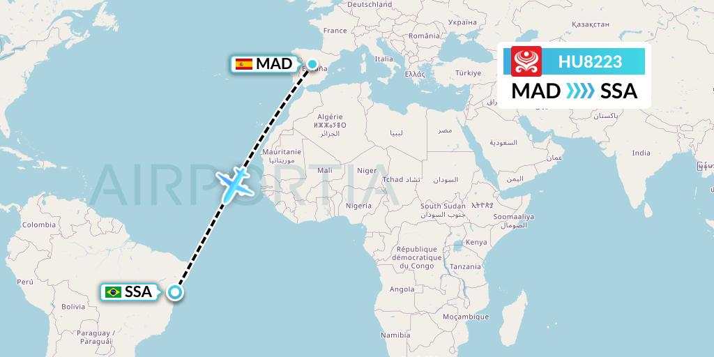 HU8223 Hainan Airlines Flight Map: Madrid to Salvador