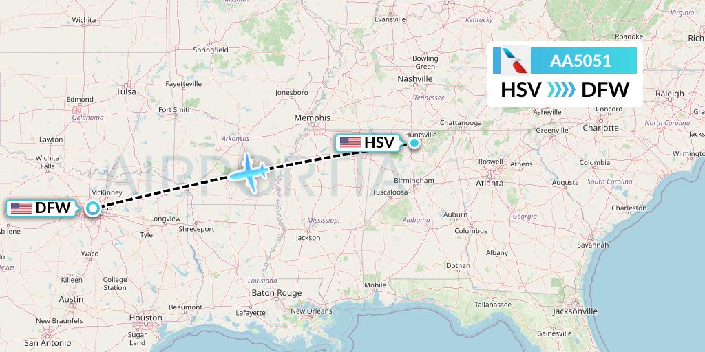 AA5051 American Airlines Flight Map: Huntsville to Dallas