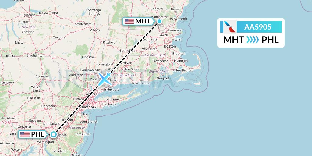 AA5905 American Airlines Flight Map: Manchester to Philadelphia