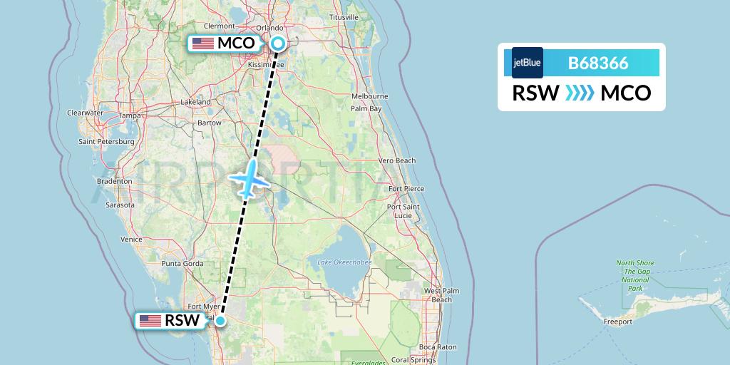 B68366 JetBlue Airways Flight Map: Fort Myers to Orlando