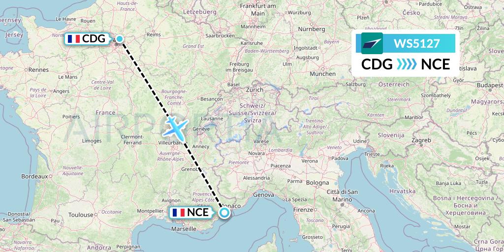WS5127 WestJet Flight Map: Paris to Nice