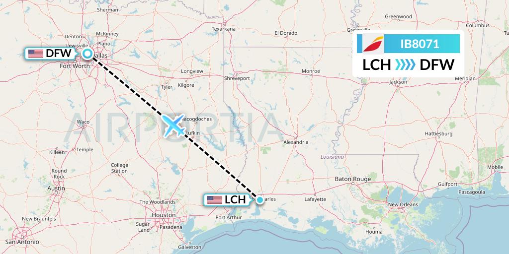IB8071 Iberia Flight Map: Lake Charles to Dallas