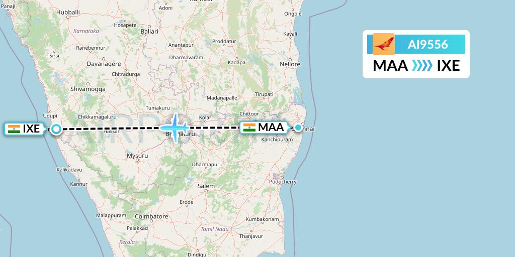 AI9556 Air India Flight Map: Chennai to Mangalore