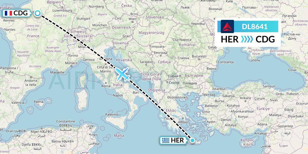 DL8641 Delta Air Lines Flight Map: Heraklion to Paris