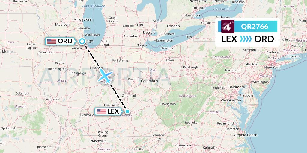 QR2766 Qatar Airways Flight Map: Lexington to Chicago