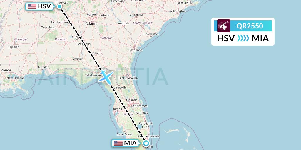 QR2550 Qatar Airways Flight Map: Huntsville to Miami